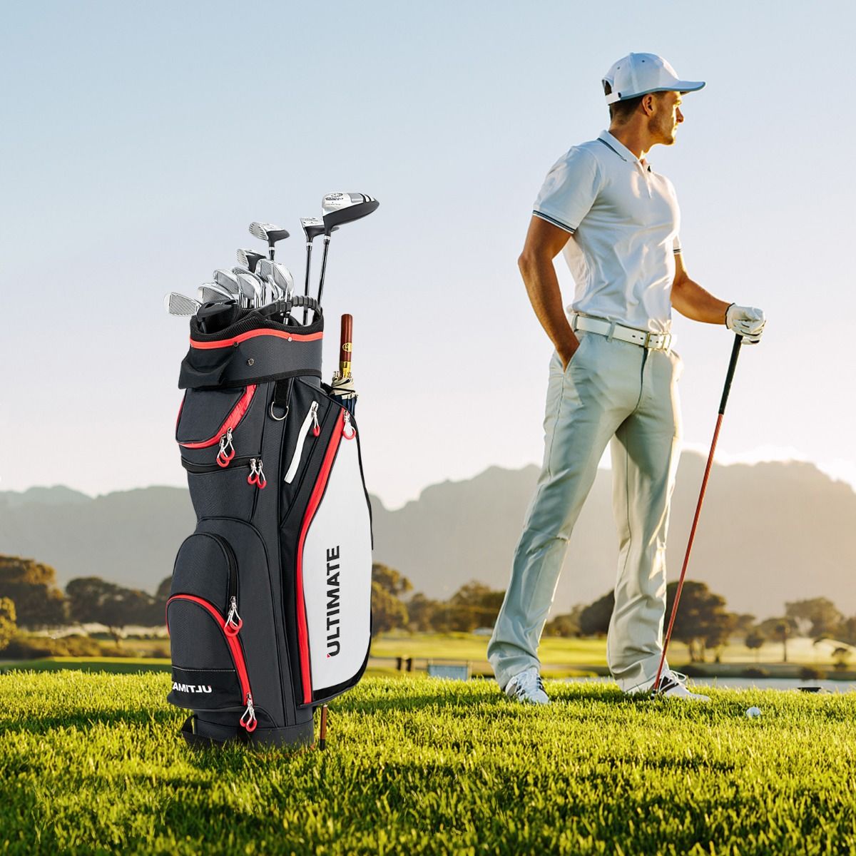 Sac de golf Coast avec housse de pluie - 14 compartiments - léger - rouge et noir