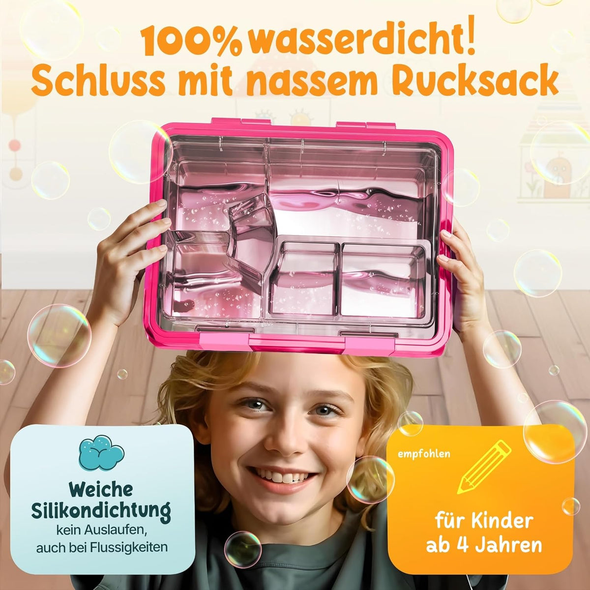 Funkelfuchs® - Lunchbox pour enfants avec compartiments - 800ml, rose - Lunchbox moonlight, large - Boîte à snacks, boîte à snacks, boîte à lunch, boîte à repas, boîte à bento pour enfants - pour l'école, la garderie et le jardin d'enfants
