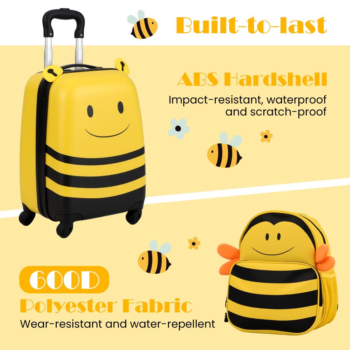 Ensemble valise et sac à dos pour enfant Coast - Thème des abeilles - Avec roulettes et cordon anti-perte - Jaune