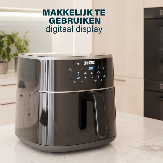 Friteuse à air chaud numérique Princess XXL 182254 - 8 litres - Très grande capacité - Sans PFAS - Friteuse à air chaud - Grille réglable en hauteur incluse - Écran tactile numérique - 8 programmes automatiques - 1 800 W - Noir