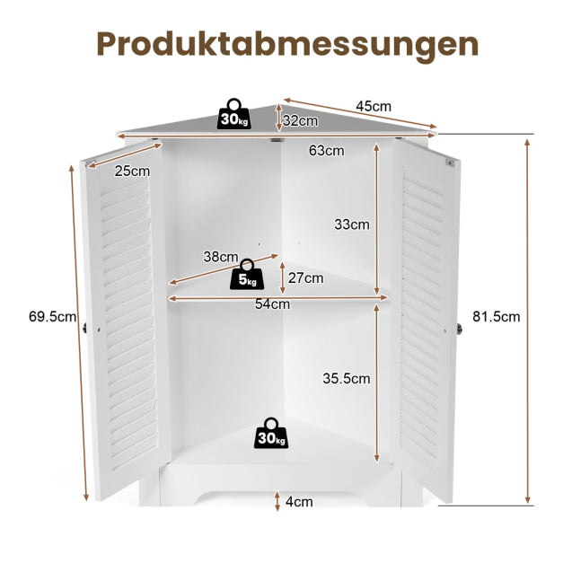 Armoire d'angle Coast - Porte à lamelles - Etagère réglable - MDF - 63 x 32 x 81,5 cm - Blanc