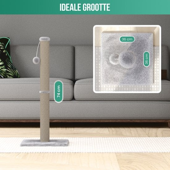 Avalo griffoir avec boule de jeu - 36x36x74 - Gris clair - Griffoir pour chat