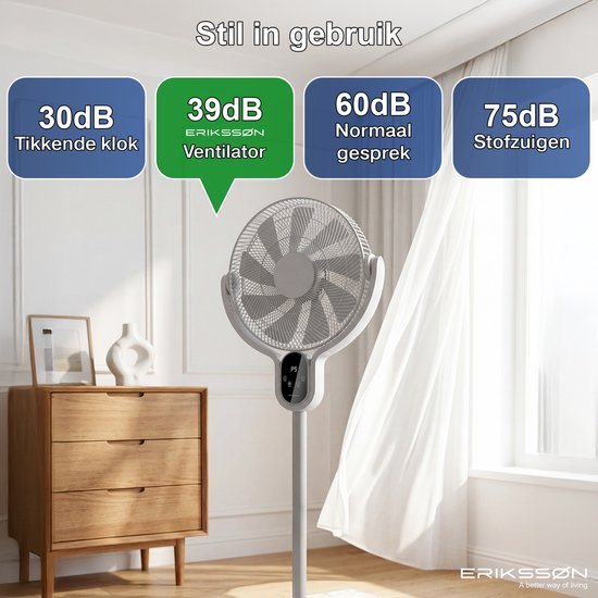 Ventilateur sur pied Eriksson - Silencieux et puissant 45 W - 8 vitesses - Réglable - Ventilateur sur pied - Gris