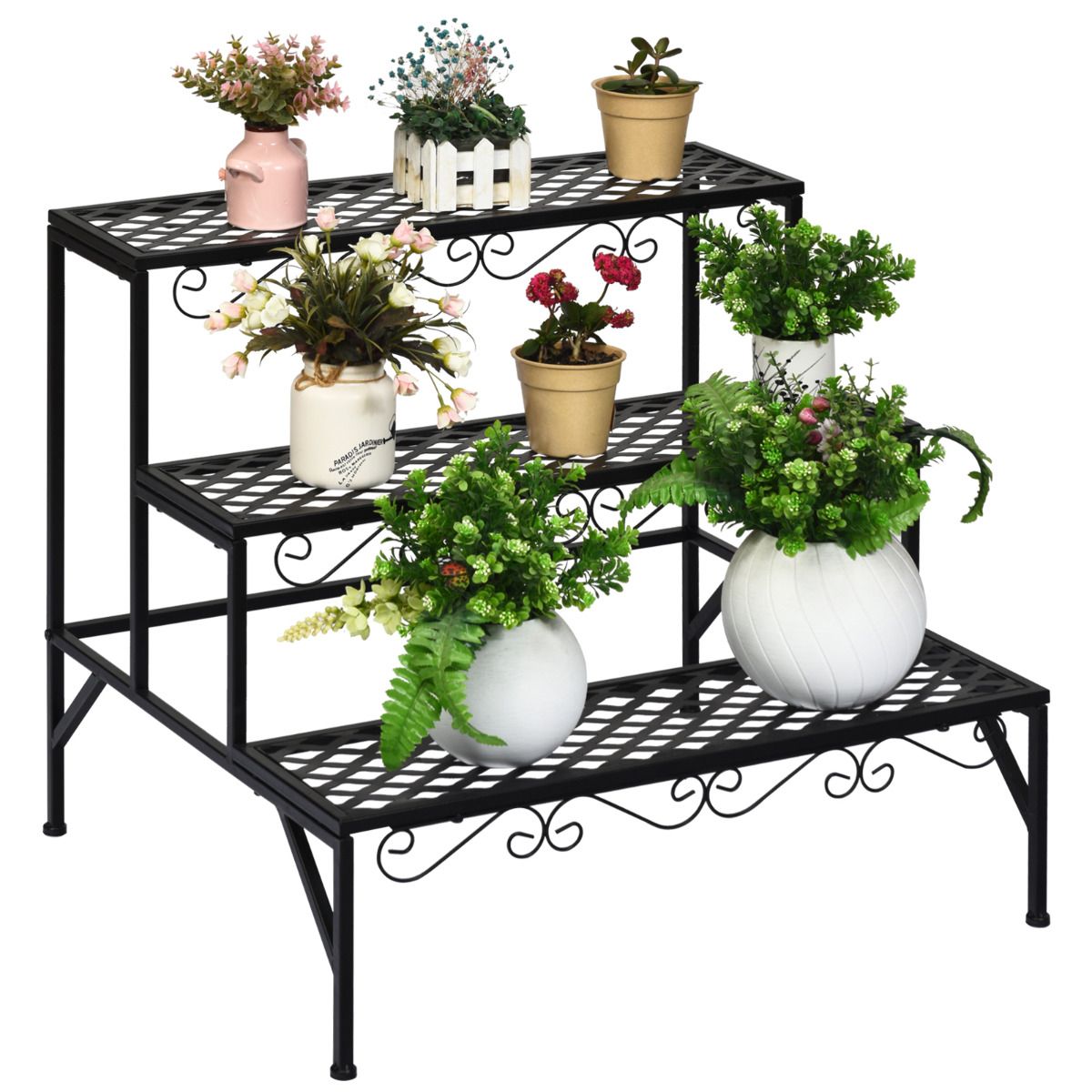 Étagère à plantes Coast à trois niveaux - Support à fleurs en métal - Étagère à plantes sur pied - Noir - 70 x 60 x 60,5 cm