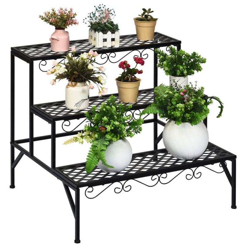 Étagère à plantes Coast à trois niveaux - Support à fleurs en métal - Étagère à plantes sur pied - Noir - 70 x 60 x 60,5 cm