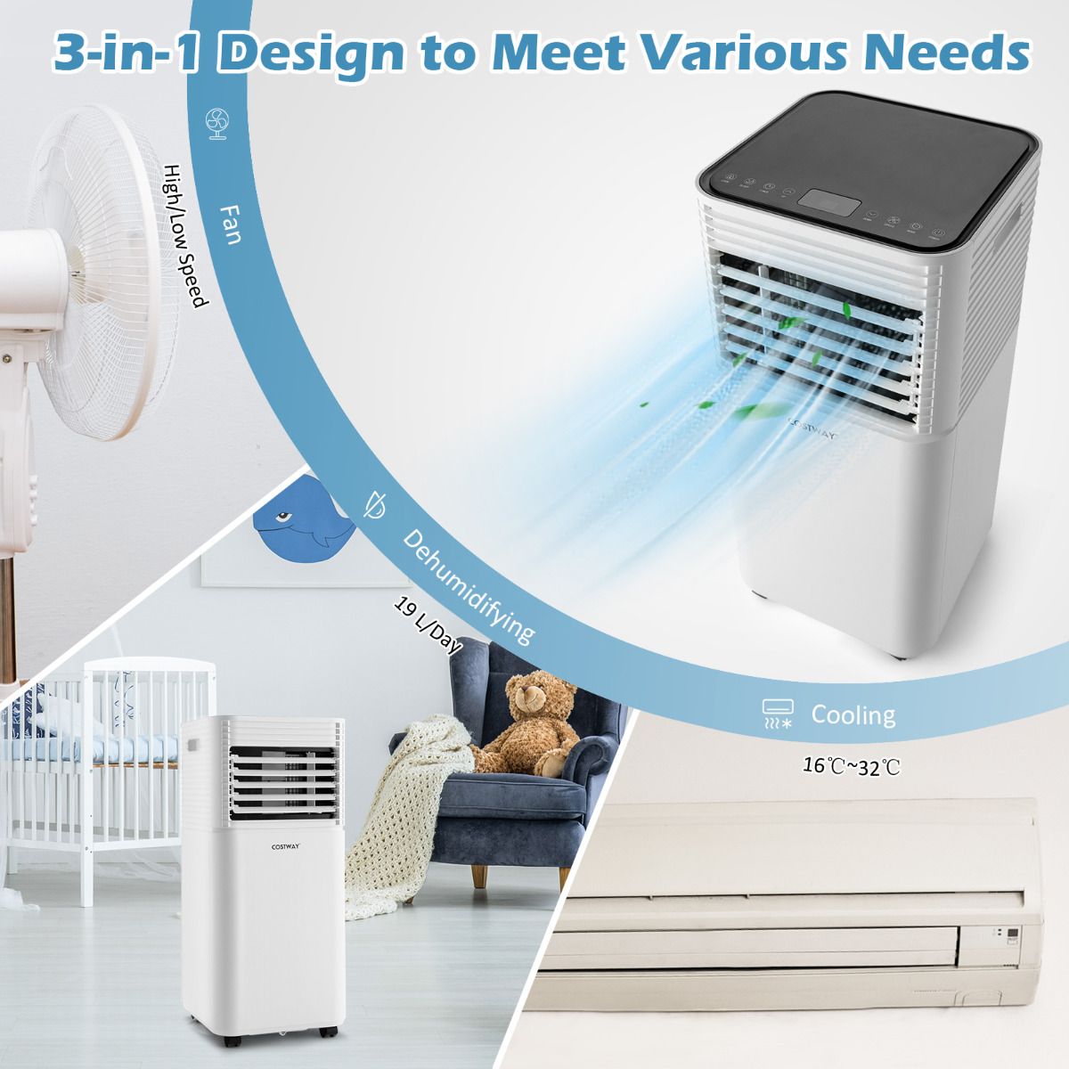 Climatiseur portable Coast 4-en-1 - 7 000 BTU - 15 m² - Refroidisseur d'air, déshumidificateur et ventilateur - Noir