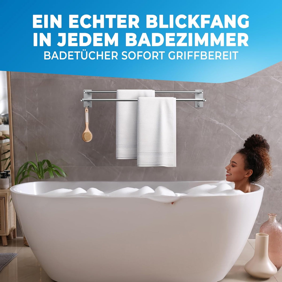 LOBUX® - Porte-serviettes sans perçage - 80cm, acier inoxydable - Porte-serviettes salle de bain double, auto-adhésif - Porte-serviettes, porte-serviettes de bain incl. 2 crochets à serviettes - pour salle de bain, paroi de douche, cuisine