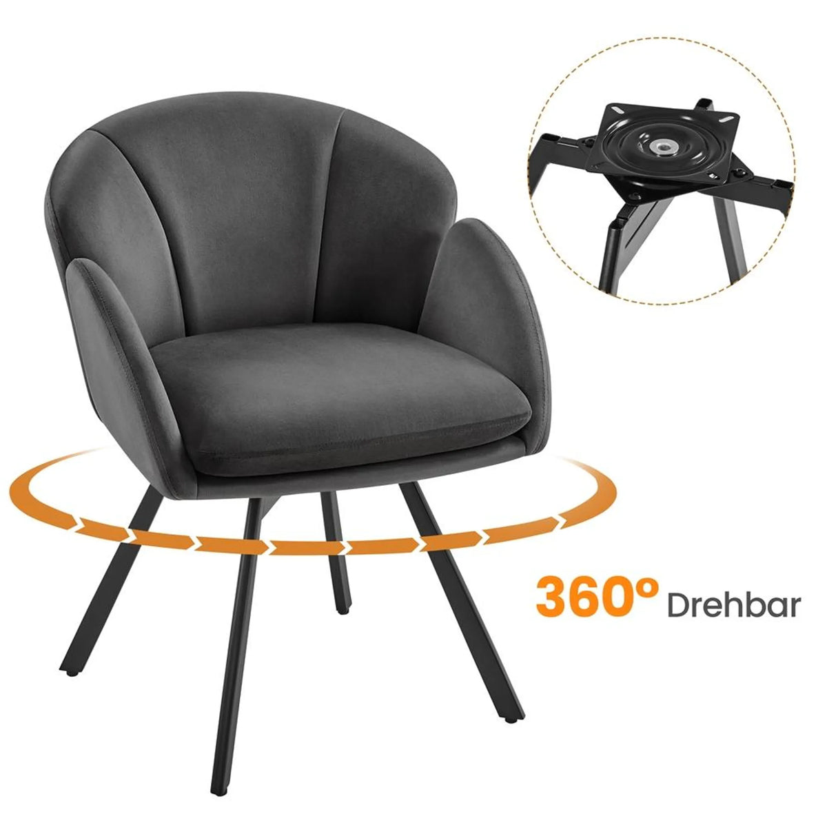 Yaheetech Swivel Chair Floral - Mécanisme de pivotement à 360°, coussin d'assise amovible et base en métal en forme de X - Pour chambre à coucher et bureau à domicile - Bouclé noir et métal - 57 x 61 x 75 cm