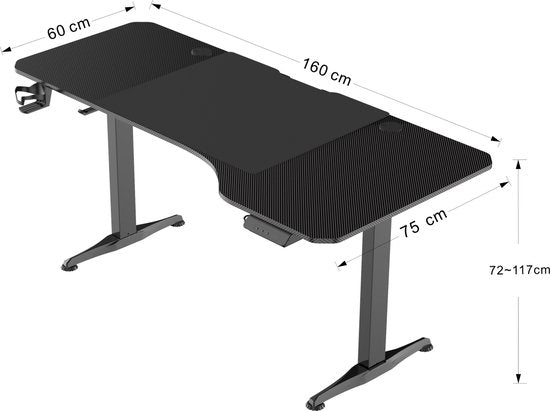 VDD Gaming - Bureau - Bureau gaming - Bureau assis-debout - Réglable en hauteur électriquement - Bureau assis-debout - Bureau gaming - Bureau gaming - Table d'ordinateur - 160 x 75 cm - Noir - Hauteur maximale 117 cm