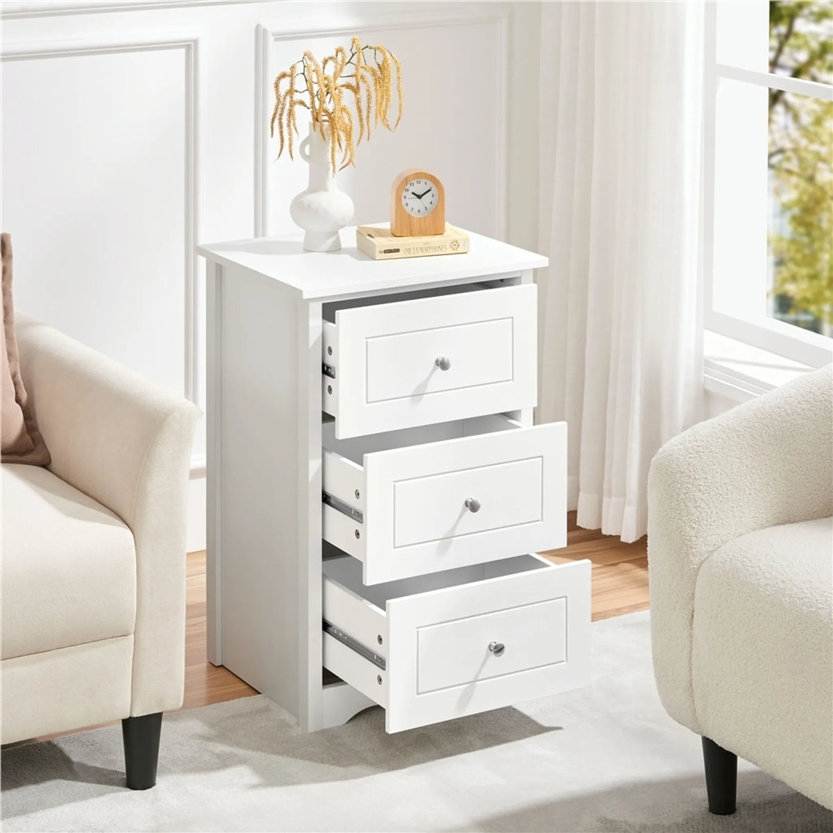 Table de chevet Yaheetech à 3 tiroirs - À placer à côté de votre lit à sommier - 48 x 40 x 73,5 cm - Blanc