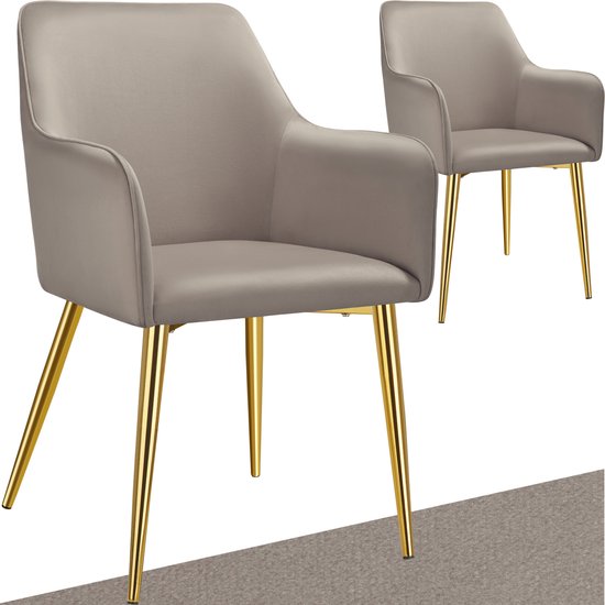 tectake® Chaise de salle à manger Avane - Aspect velours - Chaise rembourrée avec accoudoirs ergonomiques - Pieds fins en acier doré - Capacité 120 kg - Chaise de salle à manger et de cuisine confortable - Lot de 2 - Taupe