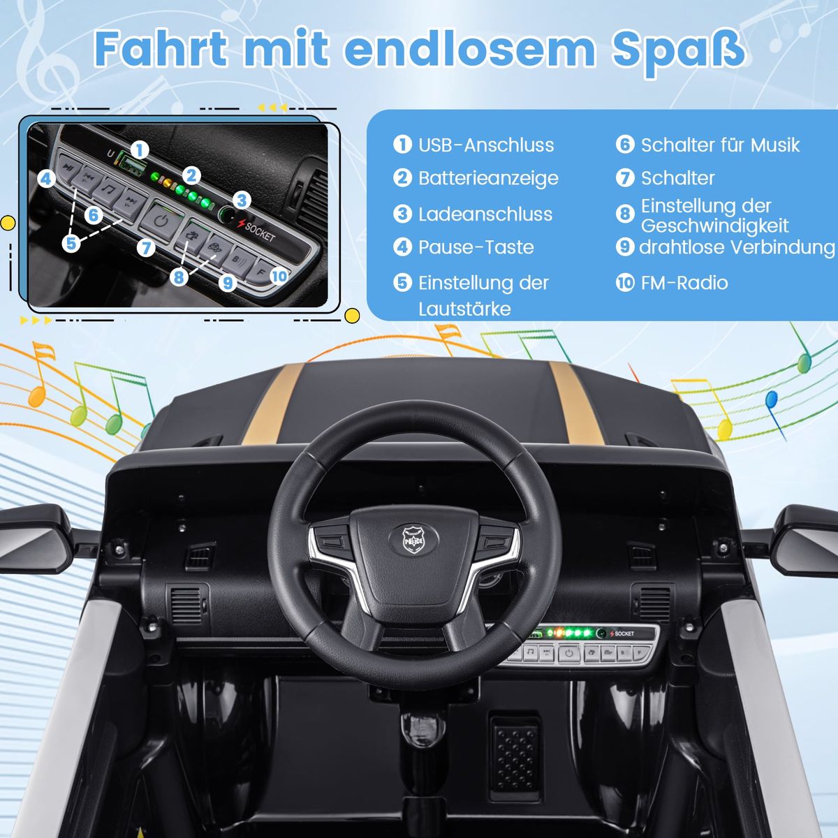 Voiture de police électrique pour enfants Coast - avec télécommande - sirène et éclairage LED - noire