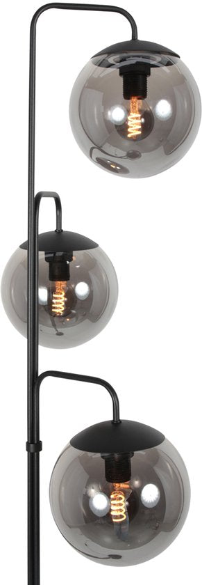 Lampadaire Bollique 4611ZW de Steinhauer - Élégant modèle en métal noir avec 3 boules en verre fumé, hauteur 173 cm, pied rond de 40 cm, idéal pour un usage intérieur