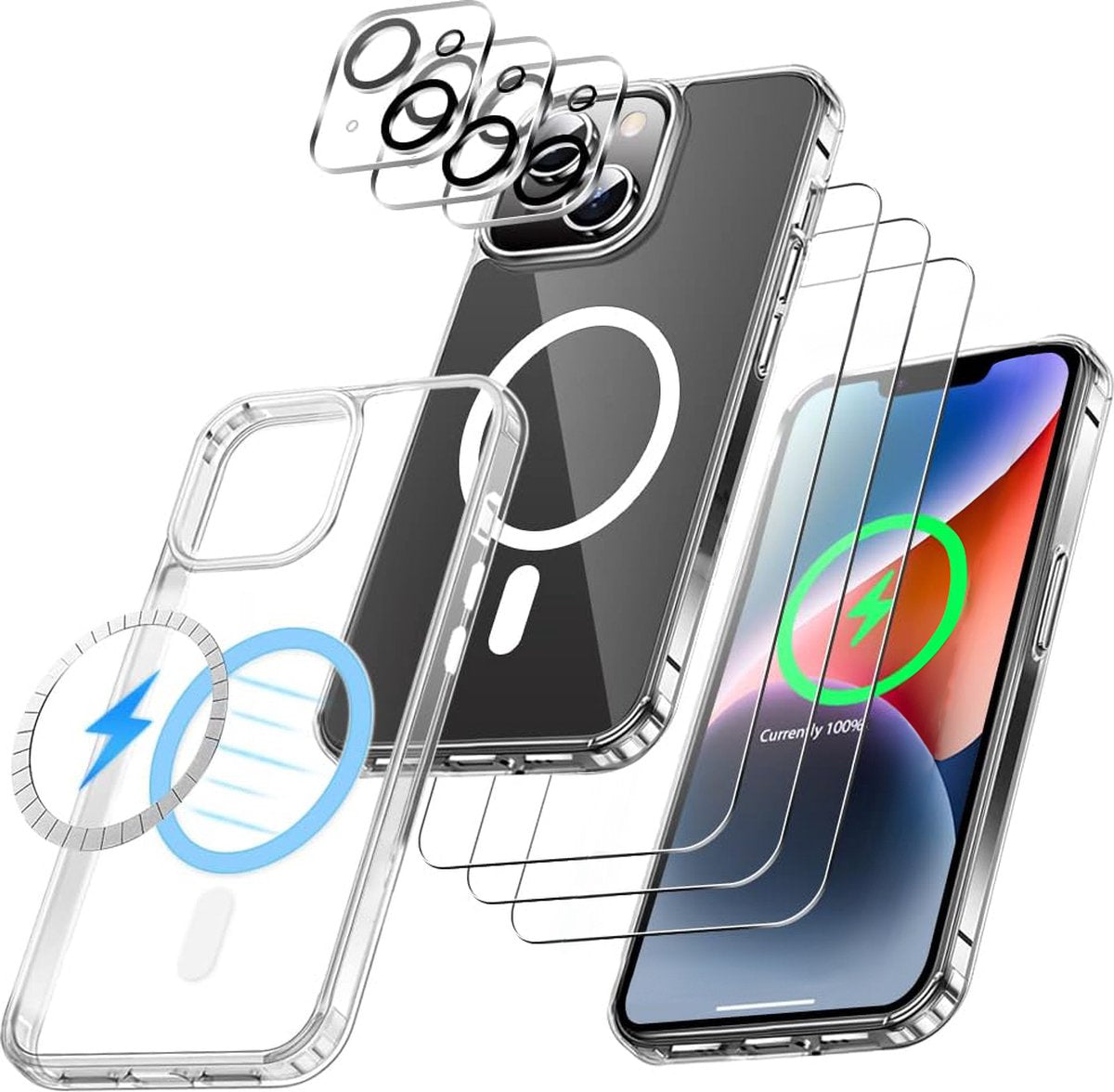 Coque Podec MagSafe pour iPhone 13 – Transparente avec support anneau – 3 protections d'écran et 3 protections d'appareil photo incluses
