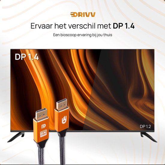 Drivv. Câble Displayport - 8K 60Hz - 4K 144 Hz - 32.4GBps - Displayport 1.4 - Câble DP - 1 mètre