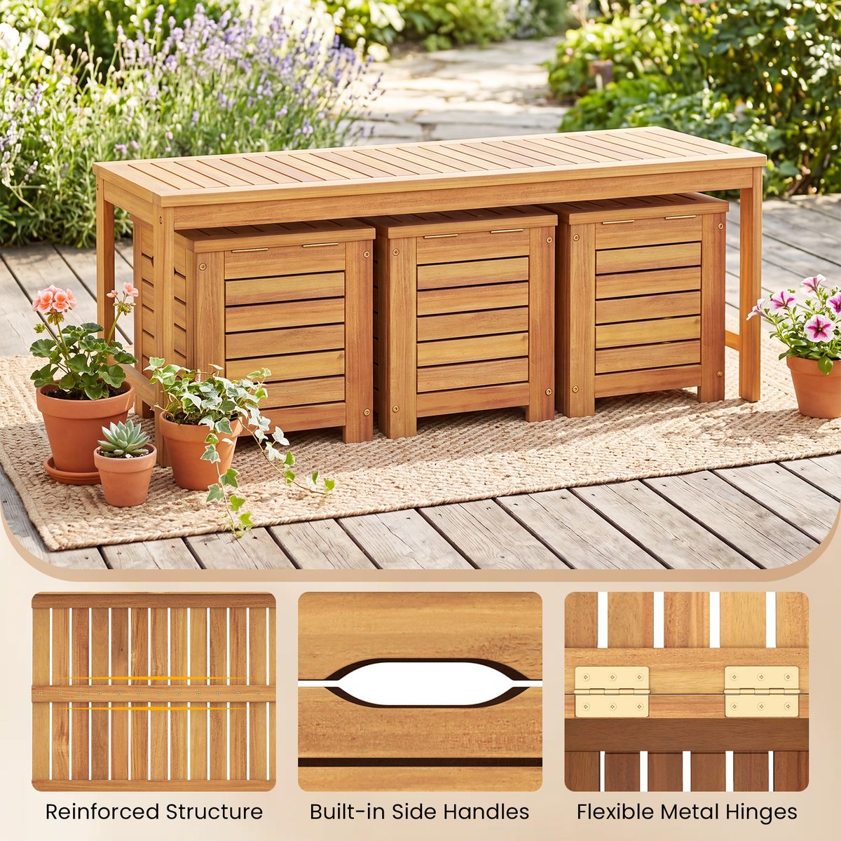 Banc de jardin Coast avec rangement - 3 compartiments de rangement - 115 x 45 cm - couleur naturelle