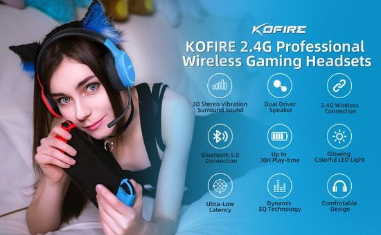 Kofire UT-01 2.4GHz Wireless Gaming Headset - Casque supra-auriculaire Bluetooth avec microphone - Multiplateforme - Rouge bleu