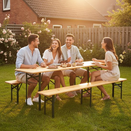 Ensemble de table de brasserie AXI Toon - Table pliante et 2 bancs – 220 cm – Structure en acier et bois – Avec embouts en caoutchouc – Table de pique-nique d'extérieur