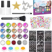 Partizzle Set complet de tatouages pailletés - Filles / Garçons - Gabarits de maquillage, colle et pinceaux - Kit d'artisanat pour faux tatouages au néon - Cadeau de carnaval pour les enfants - 24 couleurs / Biodégradable
