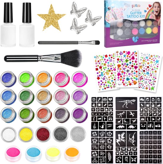 Partizzle Set complet de tatouages pailletés - Filles / Garçons - Gabarits de maquillage, colle et pinceaux - Kit d'artisanat pour faux tatouages au néon - Cadeau de carnaval pour les enfants - 24 couleurs / Biodégradable