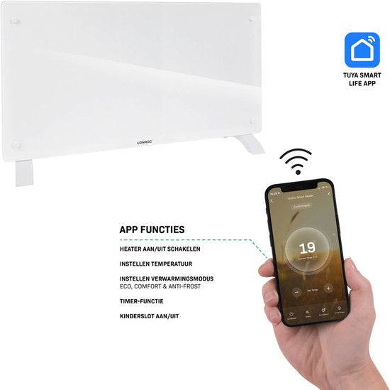 VONROC Chauffage électrique de luxe - Convecteur avec panneau en verre - 1250W/2500W- Chauffe les pièces jusqu'à 30m2 - Contrôlé par l'application (via Wifi) et manuellement - Thermostat et minuterie réglables - Blanc