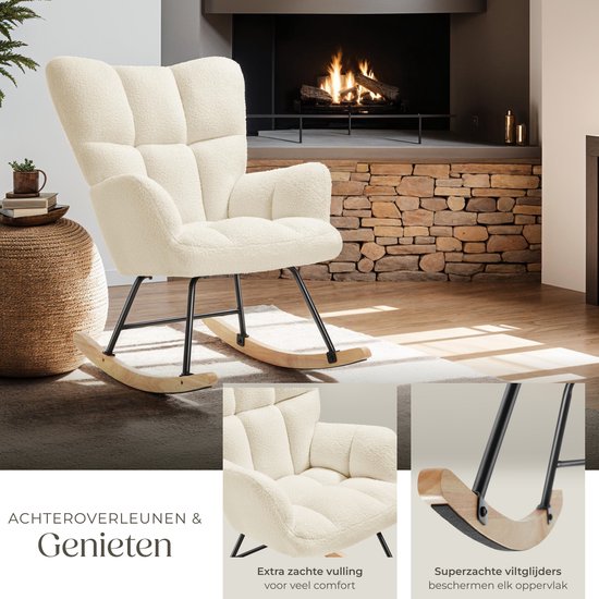 tectake® Rocking Chair Torve - Fauteuil à bascule en tissu bouclé de style scandinave - Fauteuil de relaxation avec patins en bois, revêtement souple et dossier haut pour un confort optimal - 70 x 96 x 97 cm - Beige