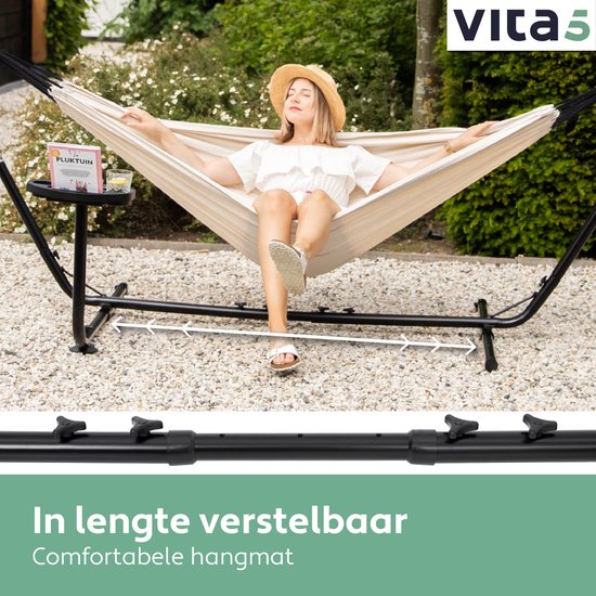 Hamac Vita5 avec support - 2 personnes - Porte-gobelet inclus - 205kg de poids - Beige/White