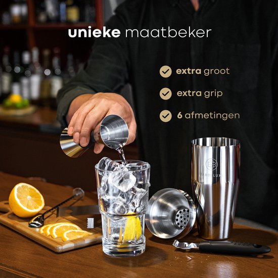 BarDeluxe® Cocktail Shaker Set - 5-Piece Boston Shaker - Cocktail Set with Stamper, Sieve, Bar Spoon & Recipe Book - Includes Luxury Gift Box - Silver