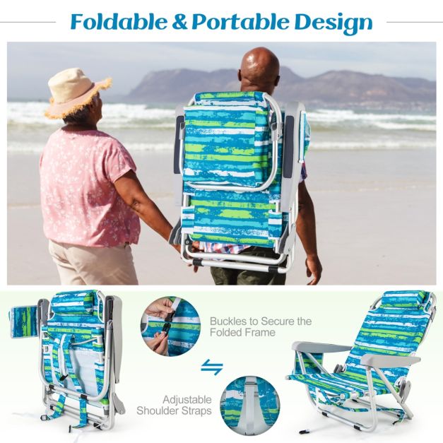 Chaise de plage confortable Coast avec dossier réglable en 5 positions, pliable, structure légère en aluminium, porte-gobelet et compartiments de rangement - Bleu/Vert, 66x65x78 cm