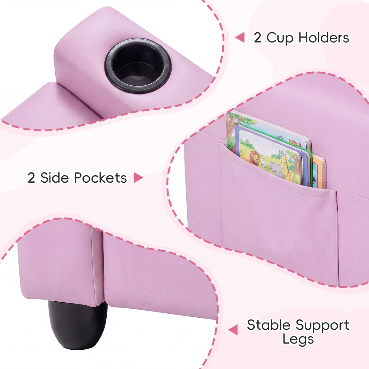 Banc pour enfants Coast avec fonction d'inclinaison - double assise - porte-gobelets - rose 54 x 94 x 68 cm