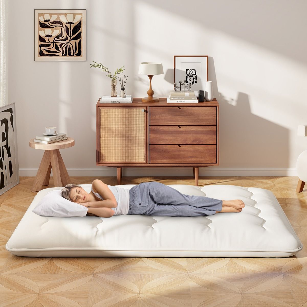 Matelas futon Coast - Tapis de sol et matelas pliable - Housse lavable - Beige/Bleu/Ours brun