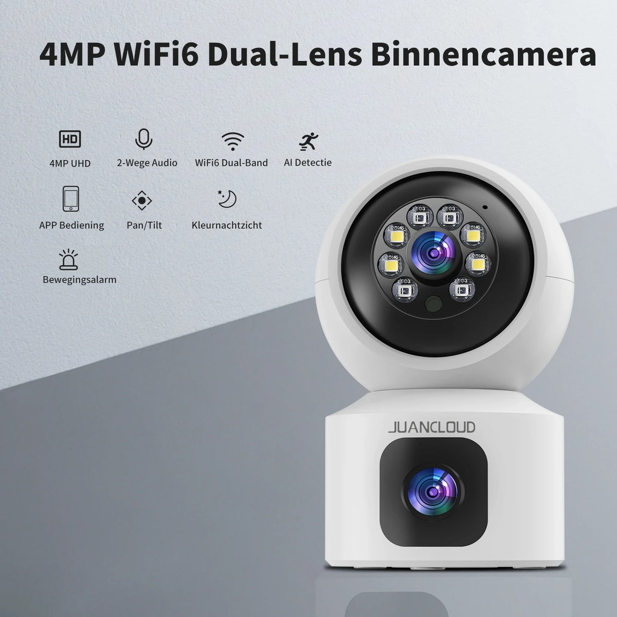 Caméra de sécurité d'intérieur Juancloud à double objectif - 2K Ultra HD avec vision nocturne - Audio bidirectionnel et détection de mouvement par IA - Blanc