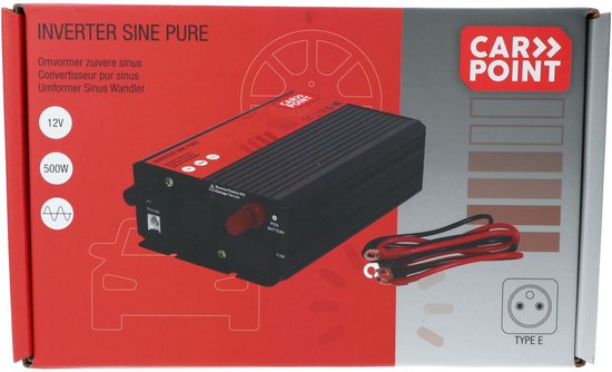 Convertisseur Carpoint - 12 V > 230 V - Onde sinusoïdale pure - Puissance continue 500 W - Puissance de crête 1 000 watts – Prise de sortie française/belge – Raccordement permanent à la batterie - Résistant aux chocs - Ventilateur de refroidissement à rég