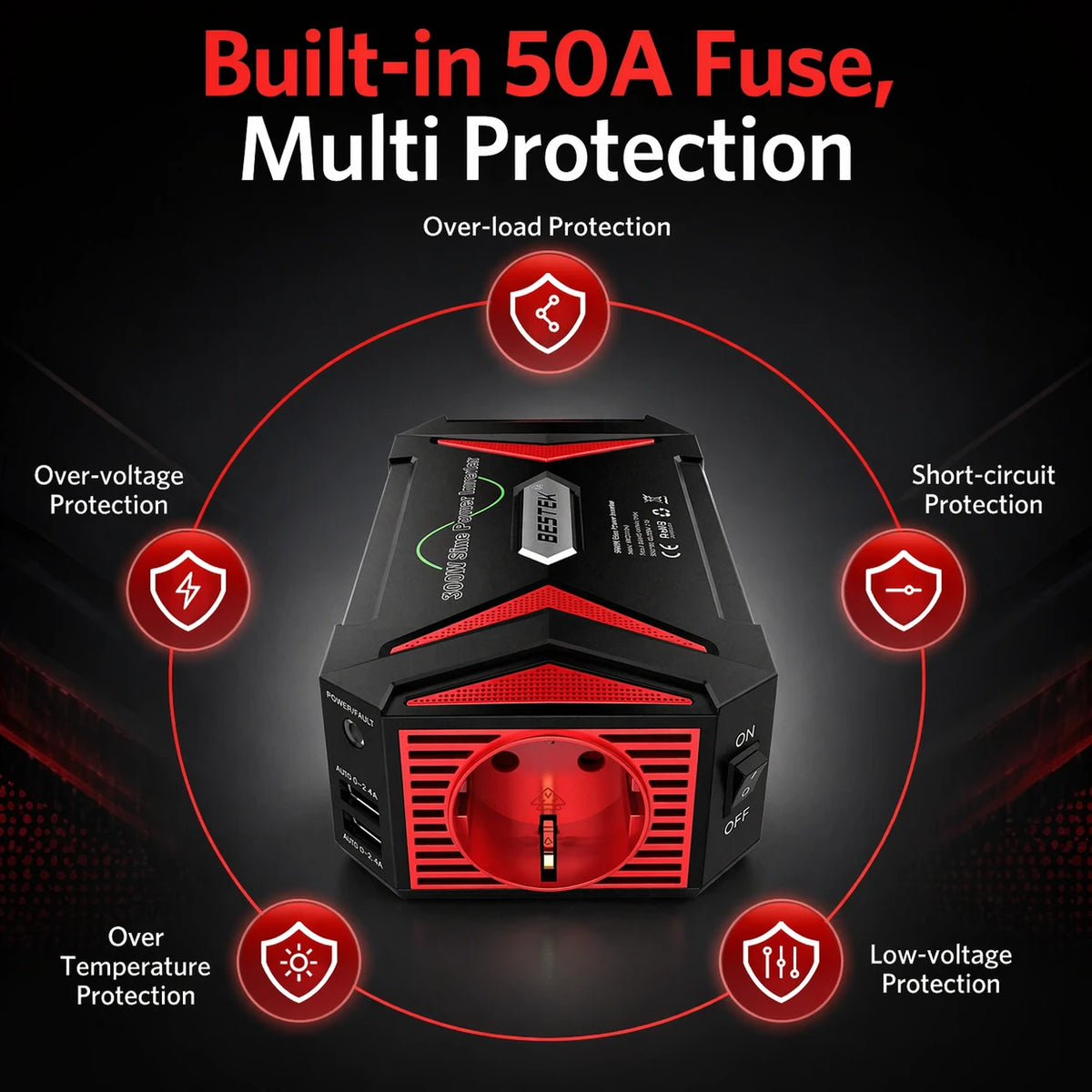 BESTEK Convertisseur à onde sinusoïdale pure - 12 V à 230 V - 300 W - Rouge