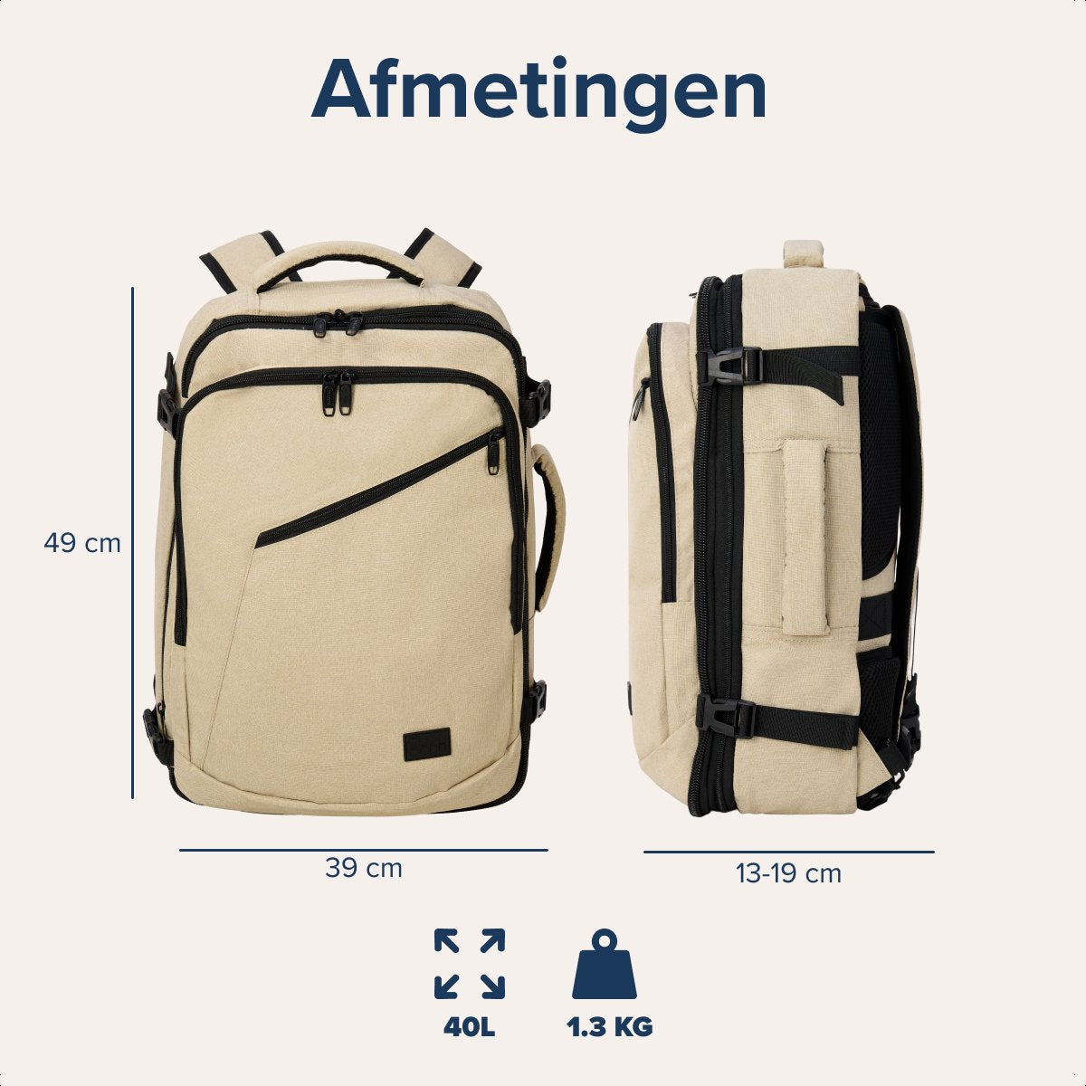 Sac de voyage à dos TRVLMORE 40 L – Bagage à main – 49 x 34 x 13 cm – Beige