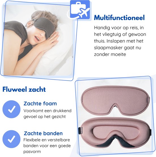 Hilvard - Masque de sommeil - Masque oculaire - Bouchons d'oreilles inclus - 100% occultant - Ajustable - Ergonomique - Rose