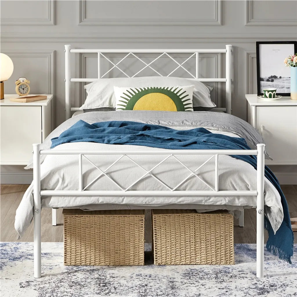 Yaheetech Cadre de lit 90 × 190 cm - Métal blanc - Lit simple avec tête de lit X-Design, sommier à lattes et espace de rangement de 32,5 cm