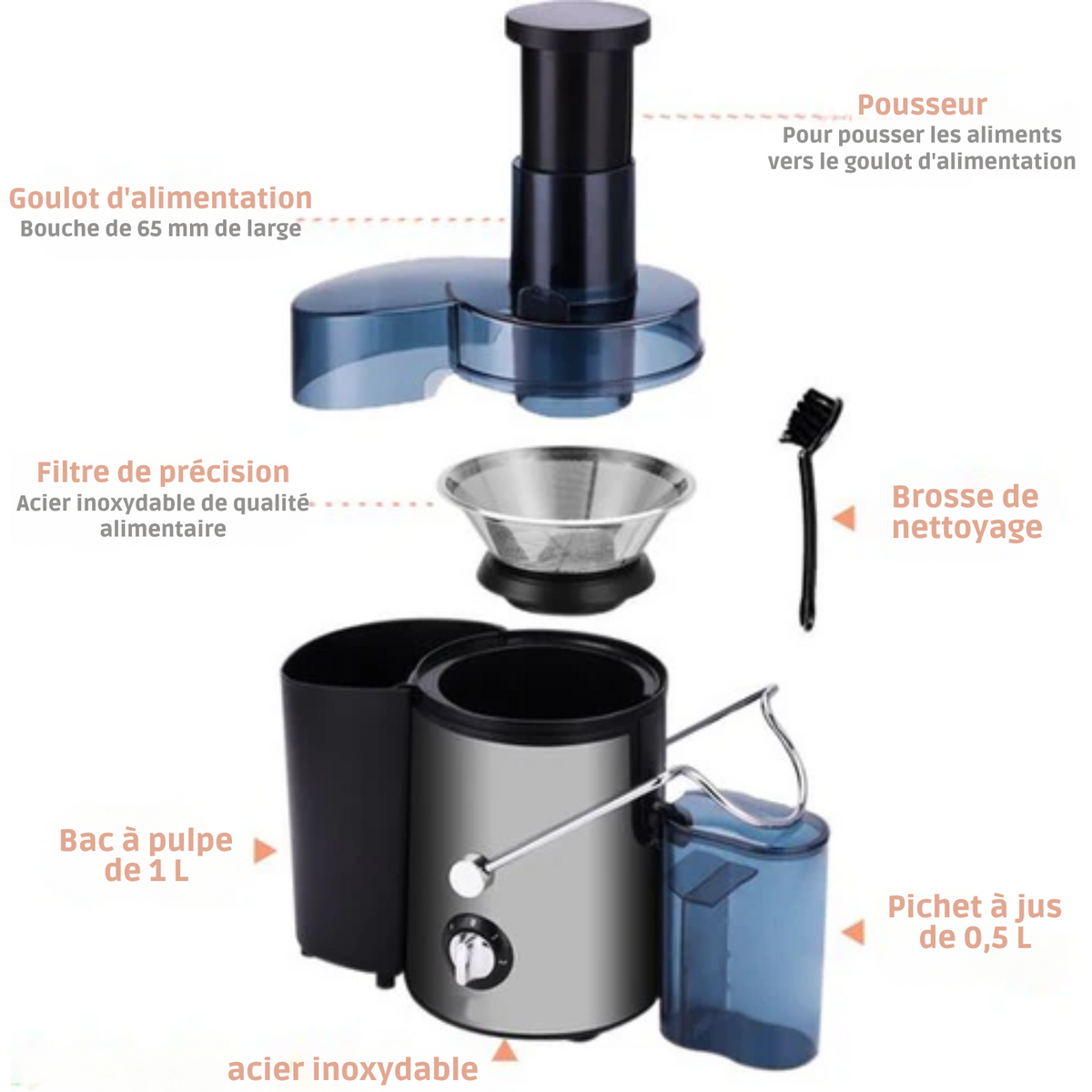 Extracteur de jus rapide - Fuegobird L811 - acier inoxydable - Fruits et Légumes - 400watt - Noir