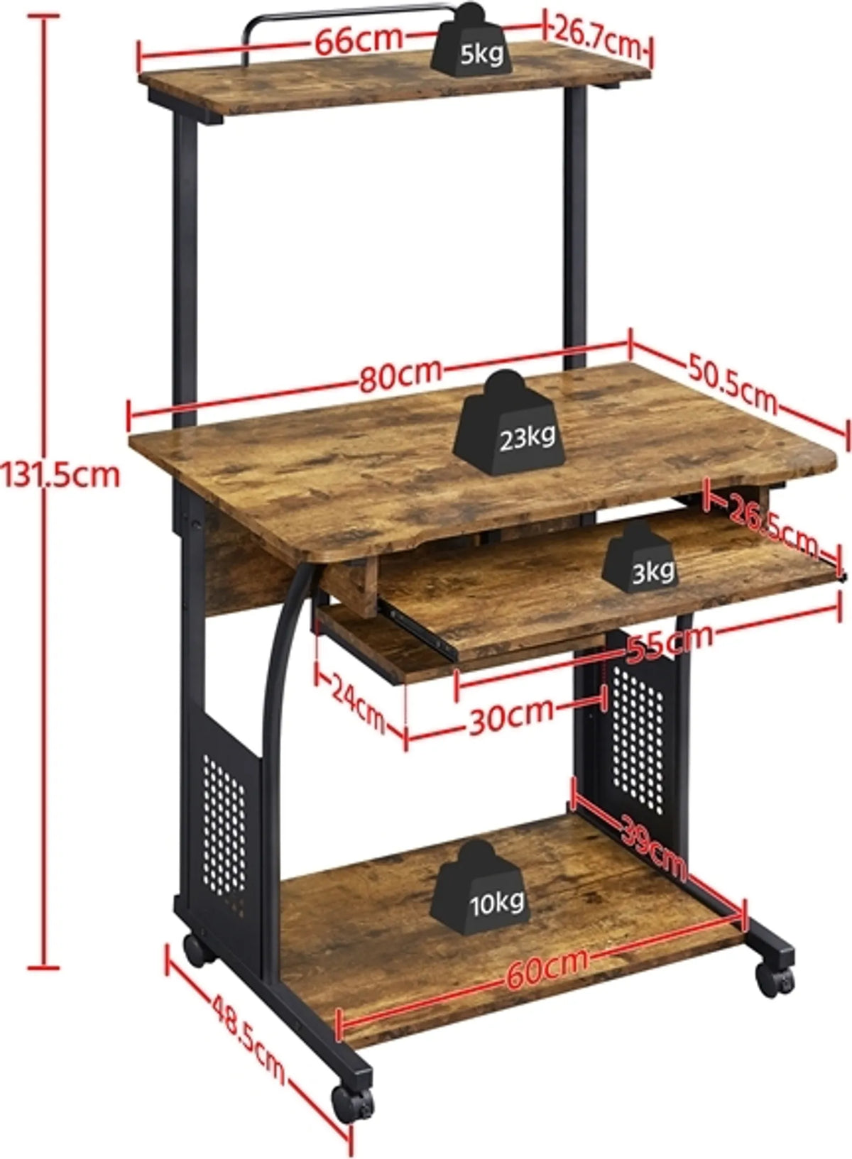 Bureau d'ordinateur Yaheetech avec étagères de rangement et roulettes - 80,5 x 60 x 132 cm - Marron rustique