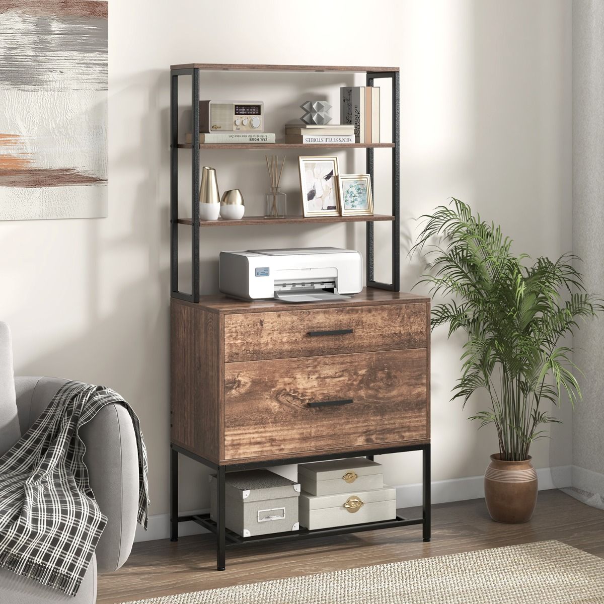 Armoire d'archivage Coast avec support pour imprimante - 3 étagères ouvertes - grand tiroir - gris