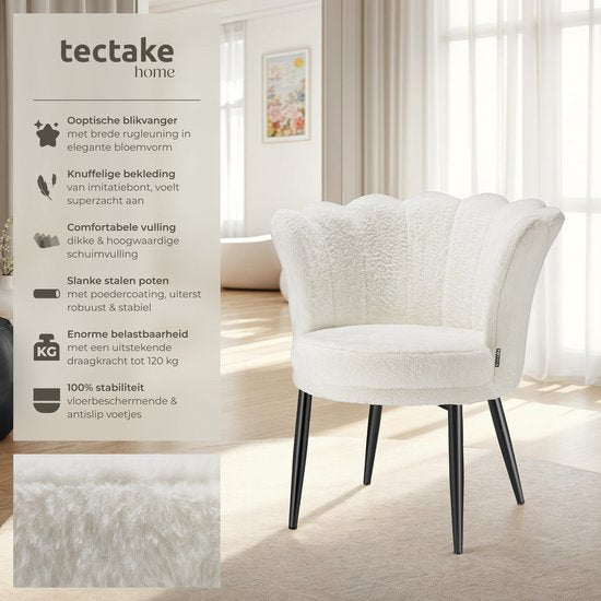 tectake® Fauteuil Stella - Fauteuil avec accoudoir - Chaise de salle à manger confortable - Chaise de cuisine - Rembourrage épais - Pour le salon et la salle à manger - Avec revêtement en fausse fourrure - crème/noir