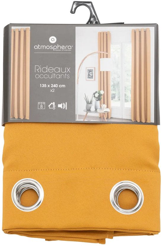 Lot de 2 rideaux occultants Atmosphera couleur ocre, 135 x 240 cm - Prêts à l'emploi avec anneaux - Rideaux et habillage de fenêtres - 2 pièces, couleur ocre