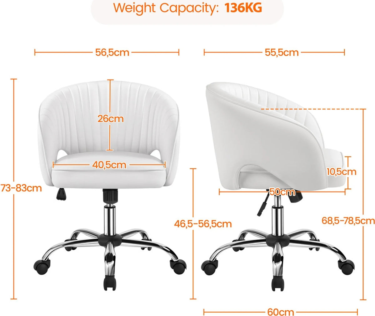 Yaheetech : élégante chaise de bureau à motif vertical, 73-83 cm – Blanche – Polyester et métal