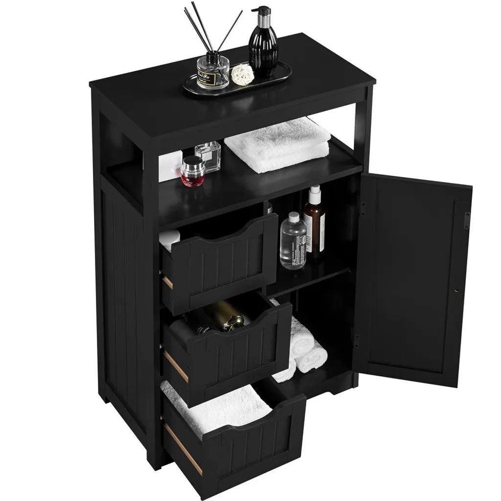Armoire de salle de bains Yaheetech – 3 tiroirs, compartiment ouvert et étagère réglable – Noir