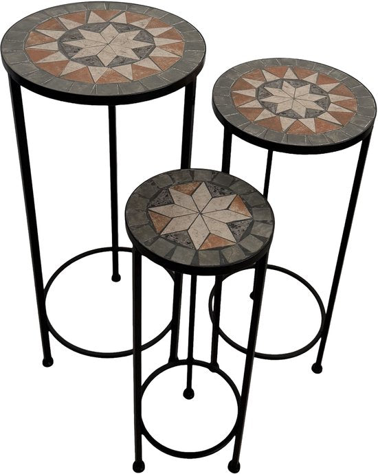 AXI Lola Table d'appoint ronde « Mozaïek » à motif étoile, gris/marron - Lot de 3 pièces – Tables d'appoint – Différentes dimensions – Aspect mosaïque – Incrustée de carreaux de céramique – Pour l'intérieur, le jardin, la terrasse et le balcon