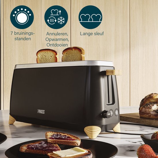 Princess 142361 Grille-pain Pure - 6 niveaux de brunissage - 1 000 W - bambou - noir