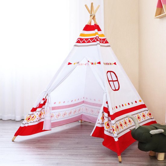 Tente tipi Sunny LED rouge/blanche - 60 LED - piquets en bois certifiés FSC - 120 x 120 x 160 cm