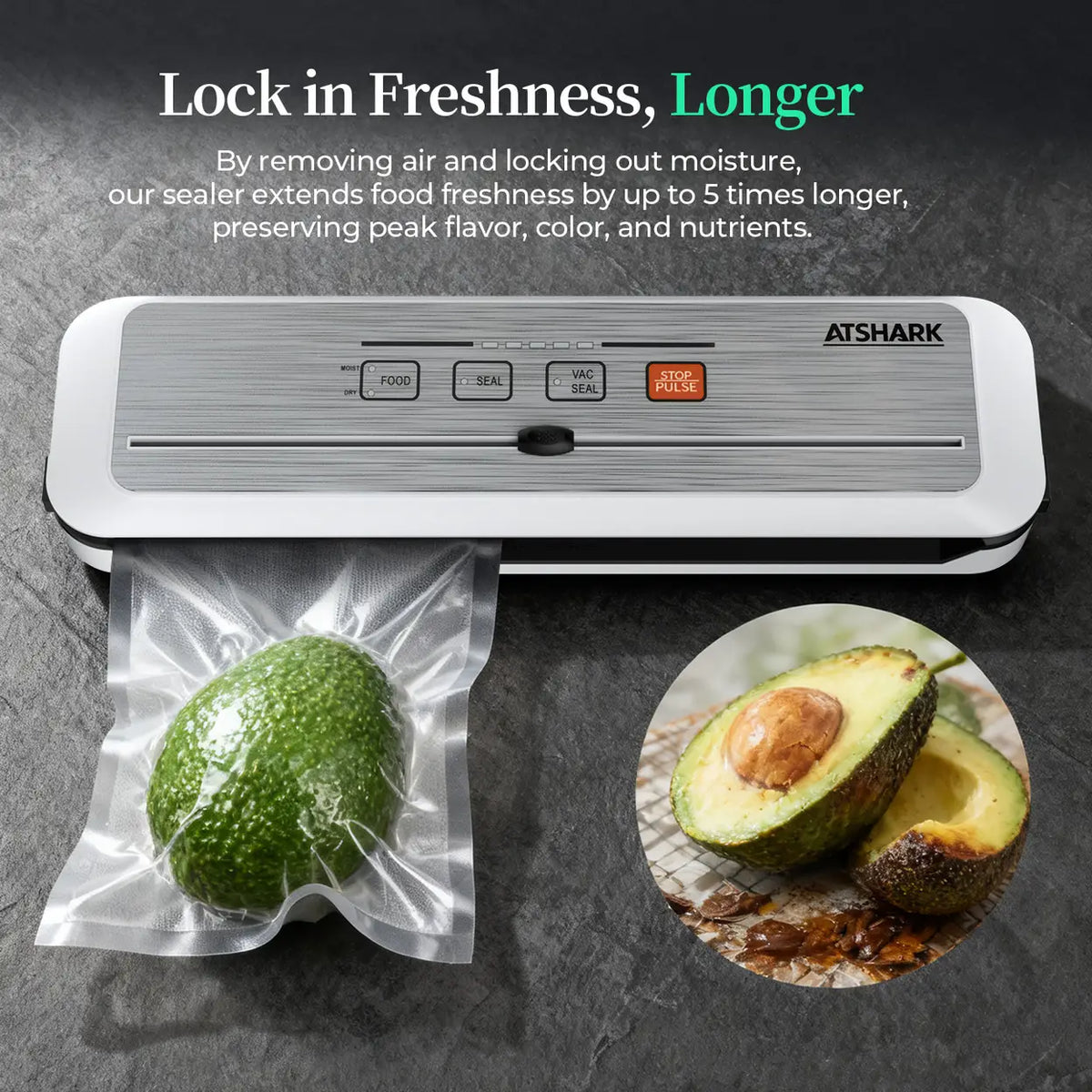 Machine sous vide ATSHARK 5-en-1 – Écran tactile haute pression, rapide et pratique, 50 sachets sous vide inclus, idéale pour la conservation des aliments à la maison, blanche, VS6621