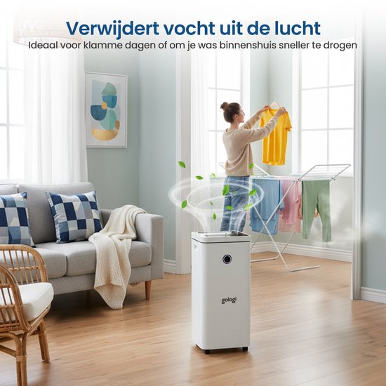 Gologi Déshumidificateur avec application - Déshumidifie jusqu'à 12L par jour - Fonction Lavage-Séchage - Pour la maison - Convient pour la cave, la chambre, la salle de bain et le salon - Déshumidificateur - Dévoreur d'humidité contre la moisissure - Bla
