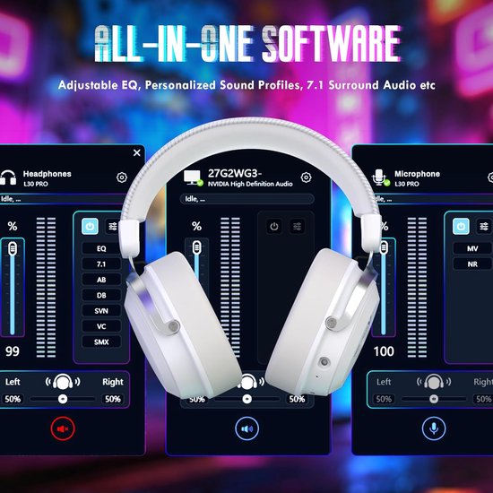 Casque de jeu sans fil ATTACK SHARK L30PRO - Son surround 7.1 - Haut-parleurs de 50 mm - Faible latence de 20 ms - Microphone amovible avec réduction du bruit - Armature en alliage d'aluminium - Connectivité tri-mode - Casque circum-auriculaire - Blanc